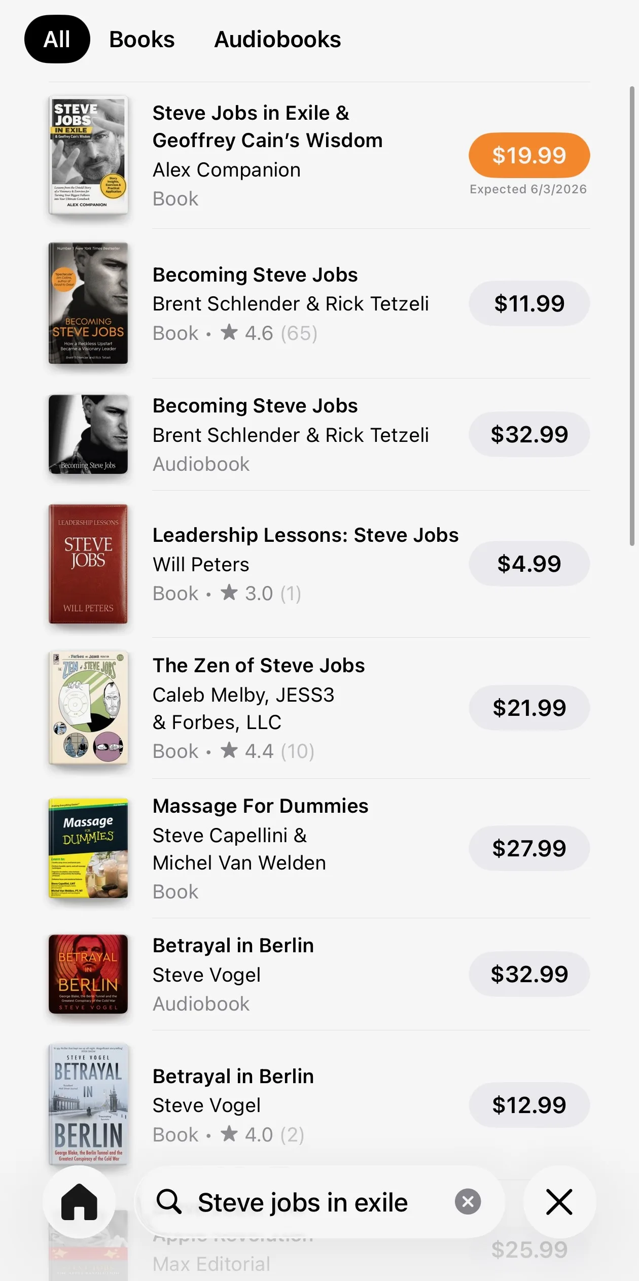 Apple Books search results for 'Steve jobs in exile' showing the top result is a companion guide by 'Alex Companion', not the real book by Geoffrey Cain
