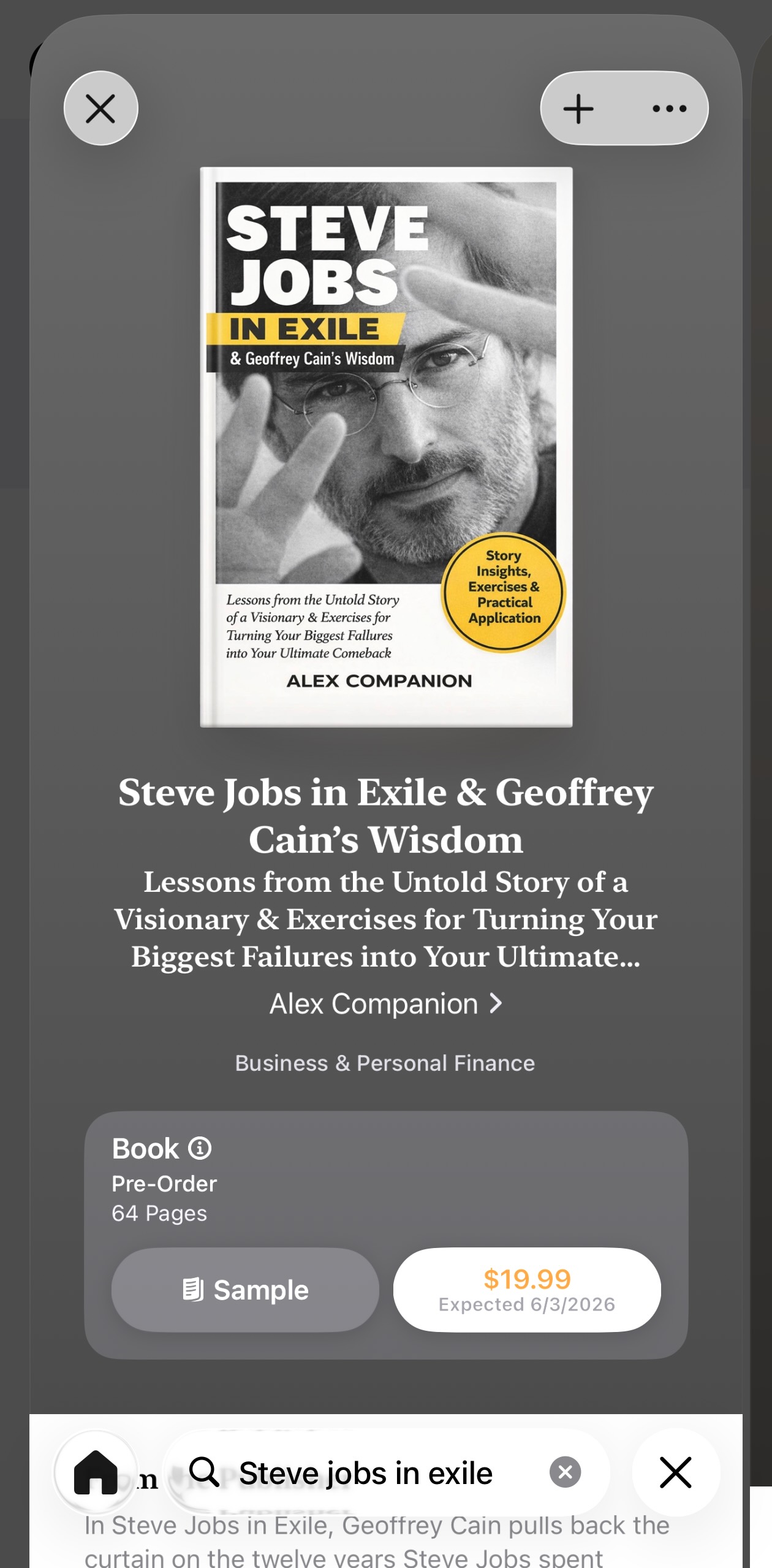 Detail page of the fake companion guide: 'Steve Jobs in Exile & Geoffrey Cain's Wisdom' by Alex Companion, 64 pages, $19.99 pre-order