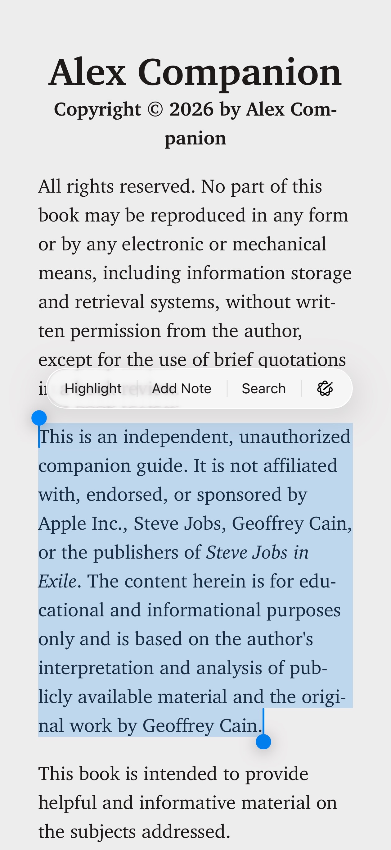 Copyright page reading: 'This is an independent, unauthorized companion guide. It is not affiliated with, endorsed, or sponsored by Apple Inc., Steve Jobs, Geoffrey Cain, or the publishers of Steve Jobs in Exile.'