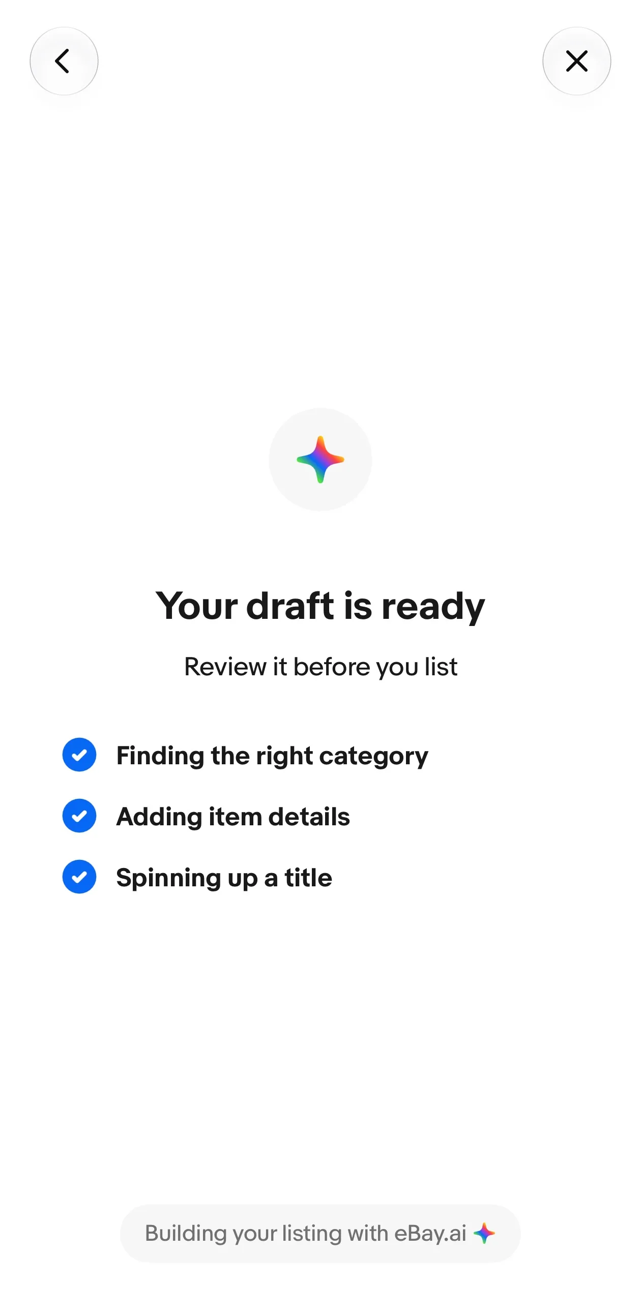 eBay's progress screen reading 'Your draft is ready — Review it before you list', with ticks against 'Finding the right category', 'Adding item details' and 'Spinning up a title'.
