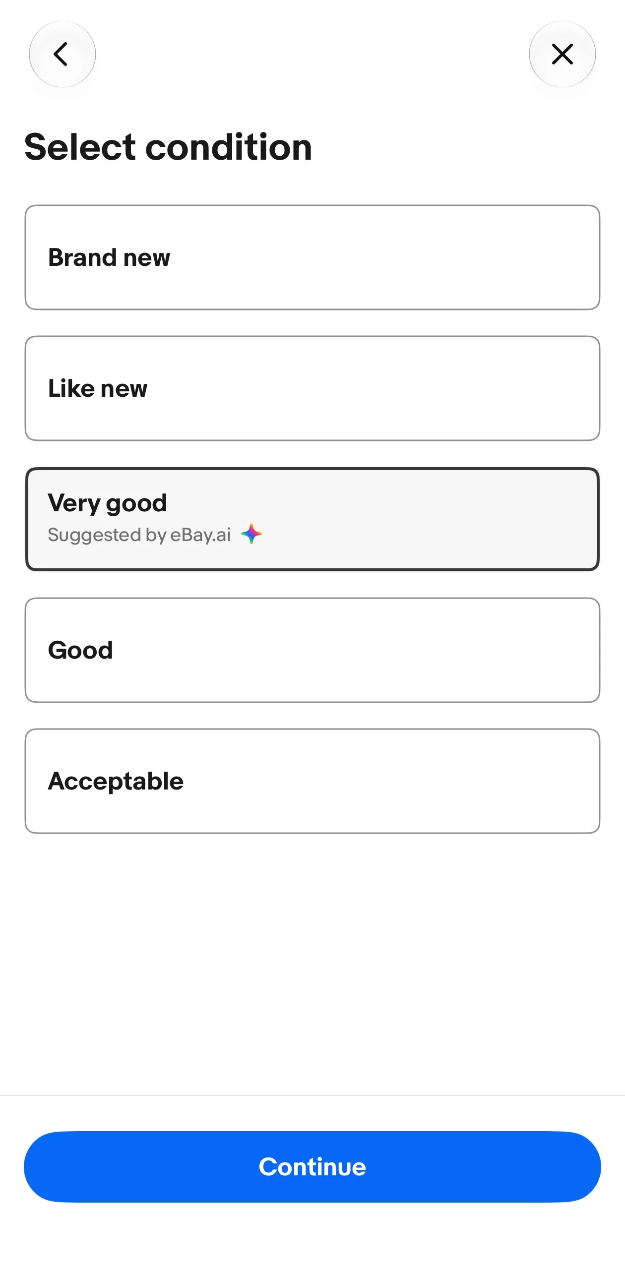 eBay's 'Select condition' screen with options Brand new, Like new, Very good, Good and Acceptable. 'Very good' is pre-selected and labelled 'Suggested by eBay.ai'.