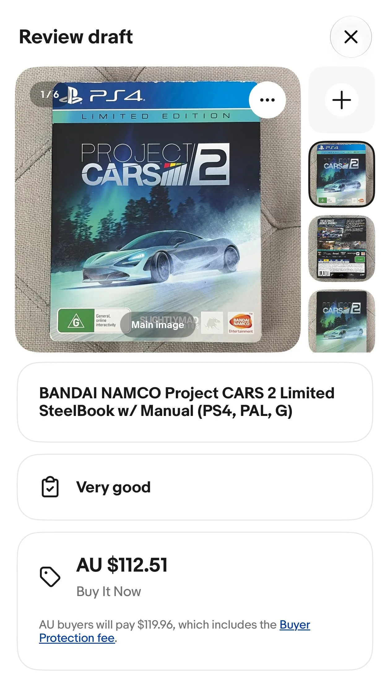 The review draft screen: six photos of the case, the title 'BANDAI NAMCO Project CARS 2 Limited SteelBook w/ Manual (PS4, PAL, G)', condition Very good, and a price of AU $112.51 Buy It Now.