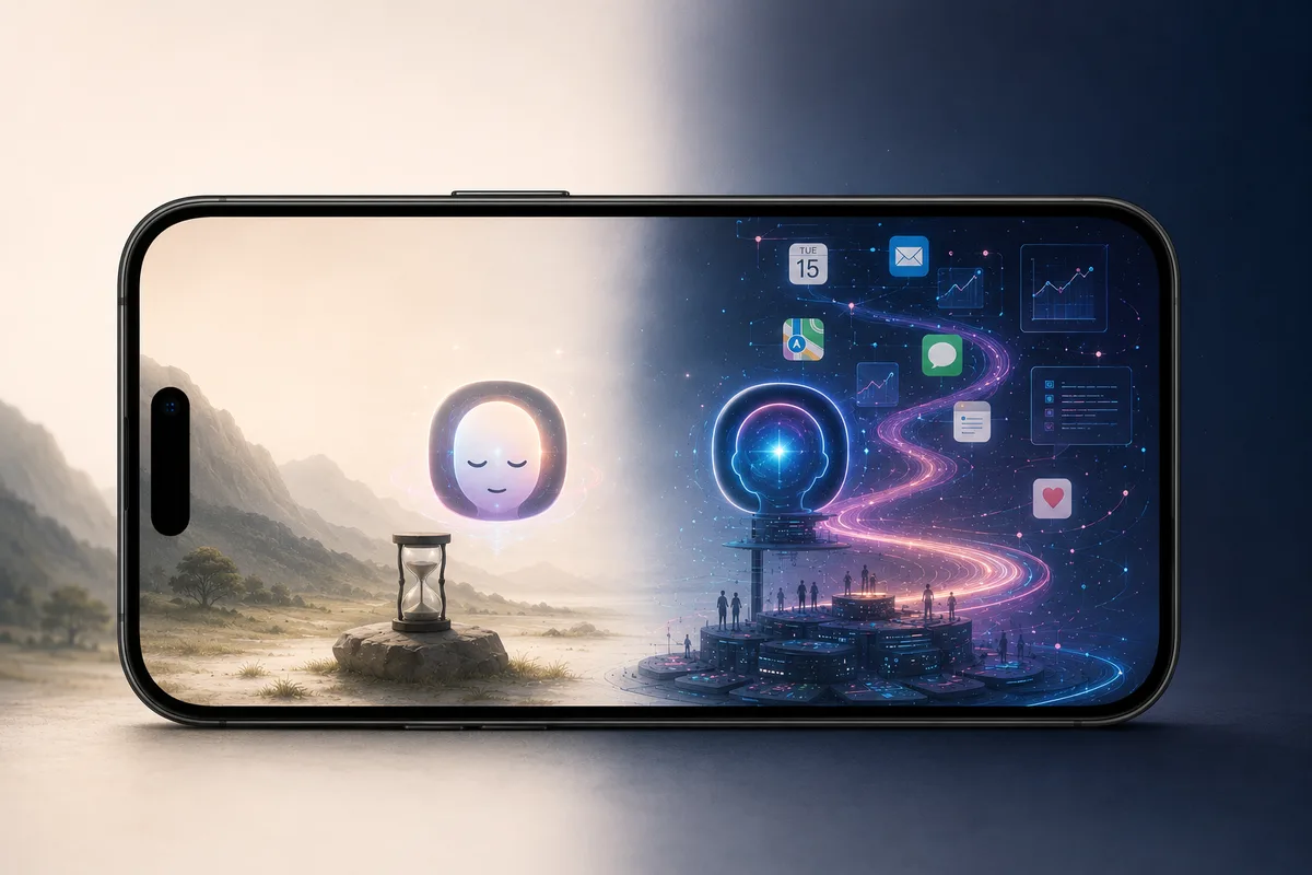 An iPhone in landscape, its screen split in two: on the left a pale misty desert with a sleeping face inside a glowing orb and an hourglass on a rock; on the right a dark neon city of app icons and light trails